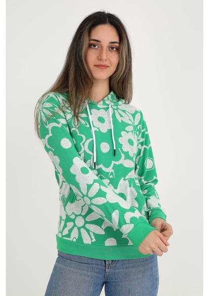 Yeşil &beyaz Çiçek Desenli Kapşonlu Kadın Sweatshirt fiyatları