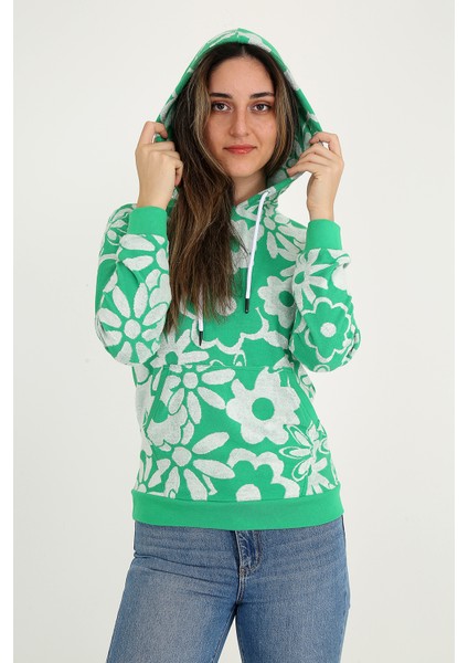 Yeşil &beyaz Çiçek Desenli Kapşonlu Kadın Sweatshirt modelleri