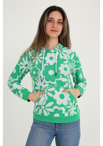 Yeşil &beyaz Çiçek Desenli Kapşonlu Kadın Sweatshirt fırsatları