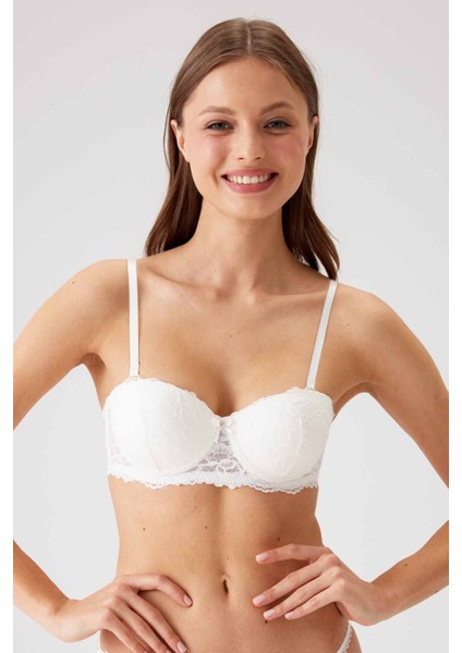 2'li Ekonomik Paket Ekru - Lacivert 6203-2 Balenli Destekli Straplez Dantelli Sütyen Set fiyatları