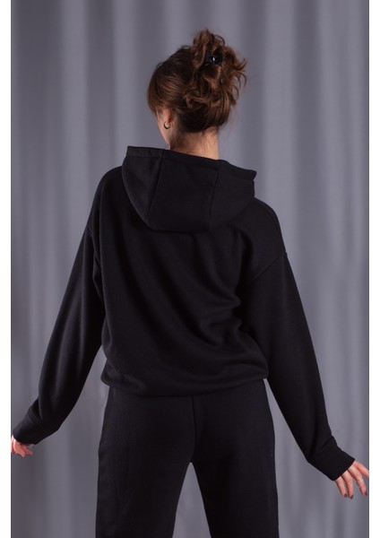 Unisex Siyah Oversize İçi Puflu Kapüşonlu Bol Kalıp Sweatshirt Hoodie fırsatları