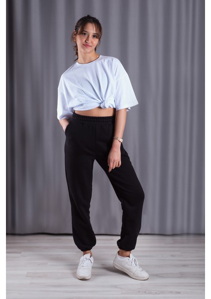 Unisex Siyah Bol Kalıp İçi Puflu Paçası Lastikli Jogger Eşofman Altı