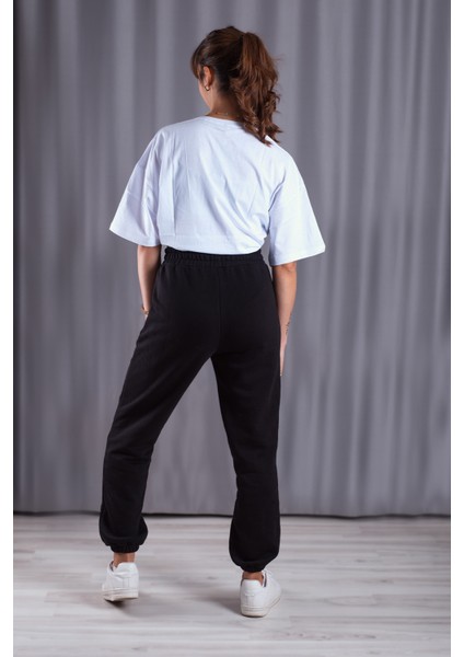 Unisex Siyah Bol Kalıp İçi Puflu Paçası Lastikli Jogger Eşofman Altı fiyatları