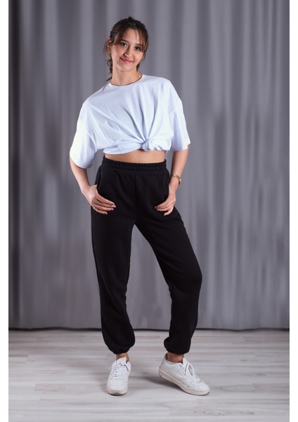 Unisex Siyah Bol Kalıp İçi Puflu Paçası Lastikli Jogger Eşofman Altı modelleri