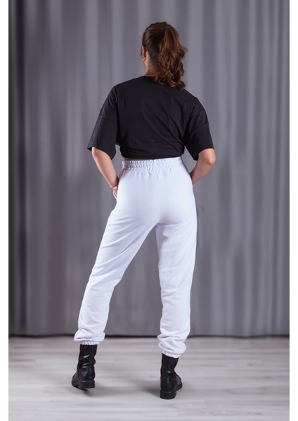 Unisex Beyaz Bol Kalıp İçi Puflu Paçası Lastikli Jogger Eşofman Altı modelleri