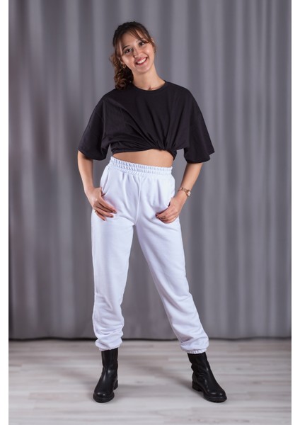 Unisex Beyaz Bol Kalıp İçi Puflu Paçası Lastikli Jogger Eşofman Altı