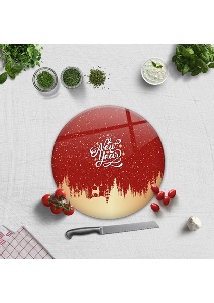 Cam Kesme Tahtası - Cam Kesme Tablası | Happy New Year Kırmızı Silüet | Çap32cm