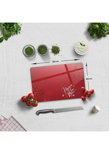 Cam Kesme Tahtası - Cam Kesme Tablası | Happy New Year Kırmızı | 20cm x 30cm