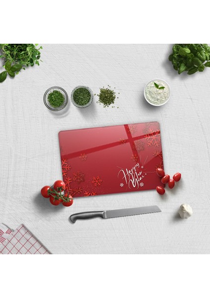 Cam Kesme Tahtası - Cam Kesme Tablası | Happy New Year Kırmızı | 20cm x 30cm modelleri