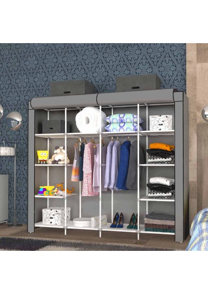 Geniş Hacimli Raflı Askılı Bez Dolap Gardrop Gri