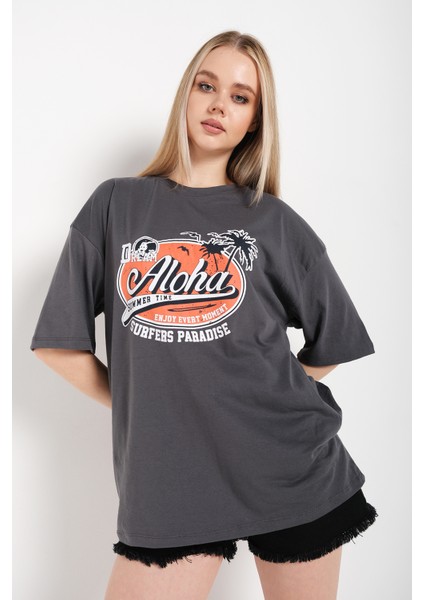 Kadın Füme Aloha Baskılı Oversıze T-Shirt