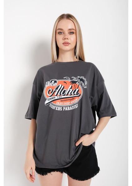 Kadın Füme Aloha Baskılı Oversıze T-Shirt fiyatları