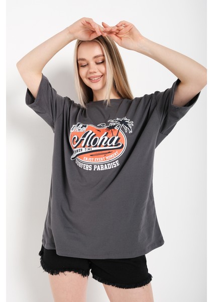 Kadın Füme Aloha Baskılı Oversıze T-Shirt modelleri