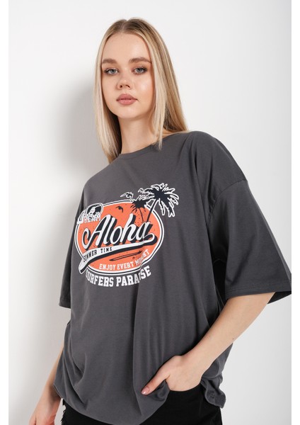 Kadın Füme Aloha Baskılı Oversıze T-Shirt fırsatları