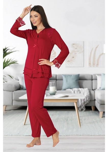 Effort Model 2424 Vişne Lohusa Pijama Sabahlık Takımı 2424 Vişne Rengi