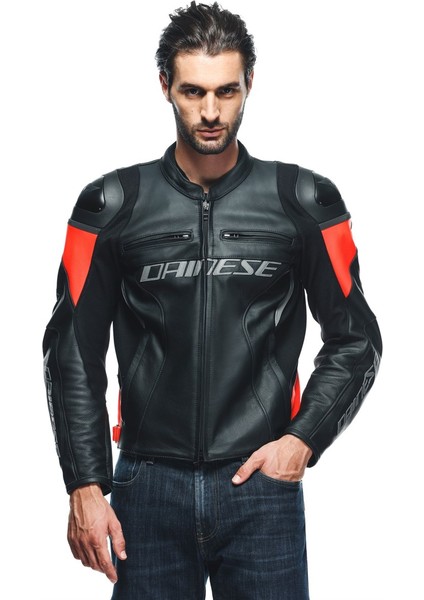 Daınese Ceket Racıng 4 Leather Jacket Black Fluo Red