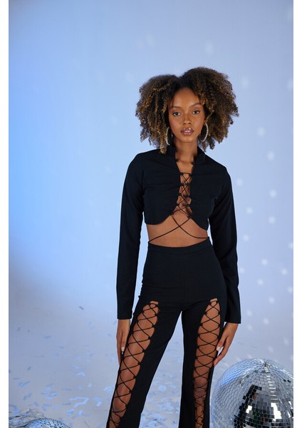 Crop Model Dekolteli Bel Bağlamalı Bağlamalı Lui Bluz Siyah