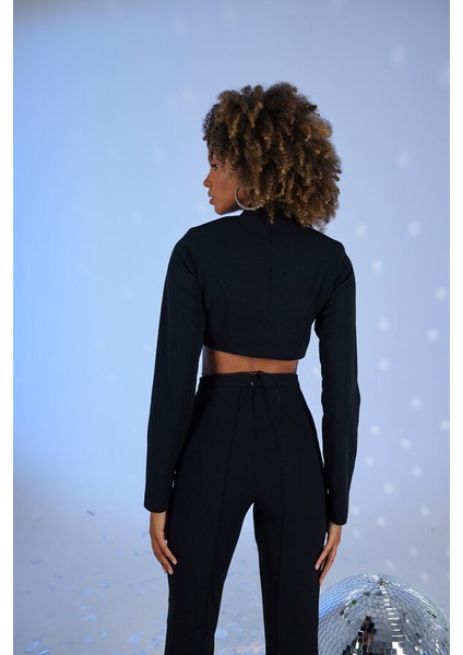 Crop Model Dekolteli Bel Bağlamalı Bağlamalı Lui Bluz Siyah