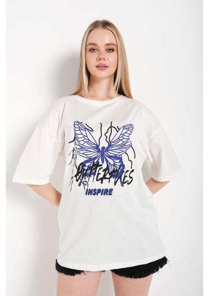Kadın Butterflies Inspire Baskılı T-Shirt