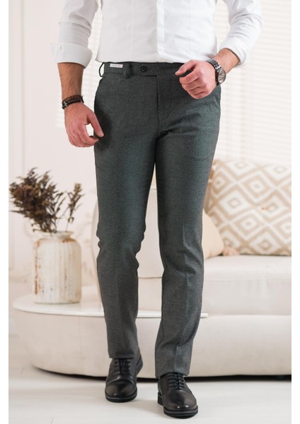 Regular Fit Kuş Gözü Desenli Erkek Kumaş Pantolon