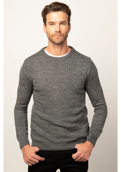 Slim Fit Bisiklet Yaka Kendinden Desenli Erkek Kazak KZ210003-DGR fiyatları
