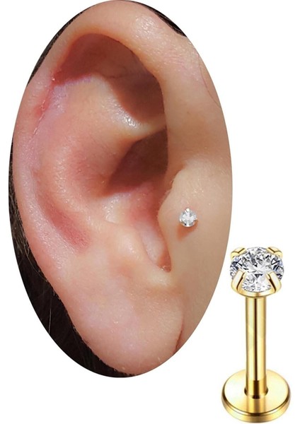 Ares Collection Cerrahi Çelik Tek Taş Tragus Helix Lobe Uyumlu Labret Piercing