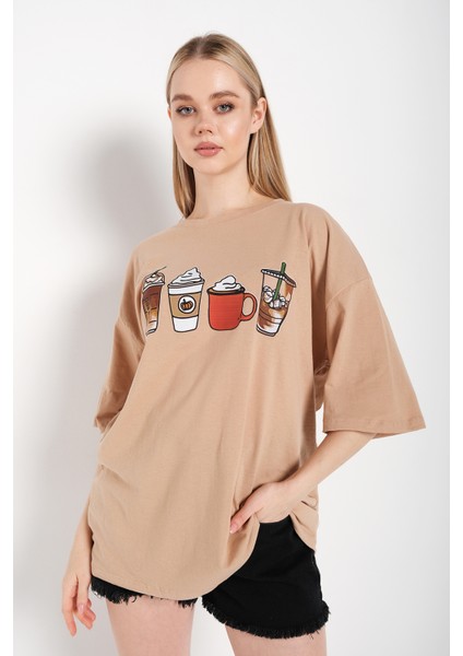 Kadın Coffee Baskılı Oversize T-Shirt