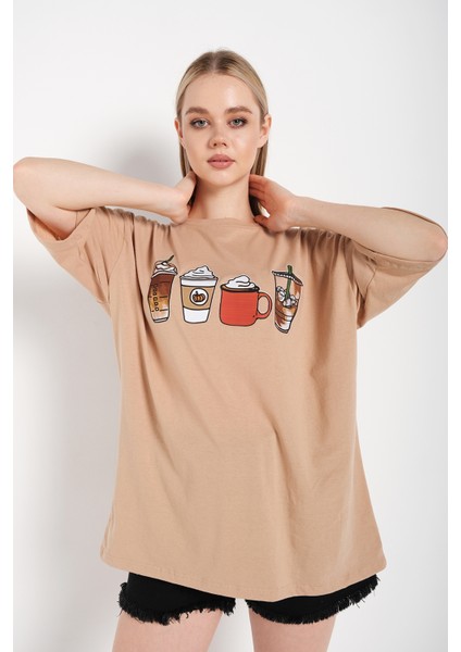 Kadın Coffee Baskılı Oversize T-Shirt