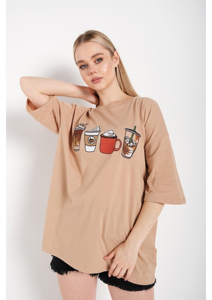 Kadın Coffee Baskılı Oversize T-Shirt