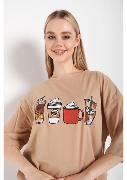 Kadın Coffee Baskılı Oversize T-Shirt