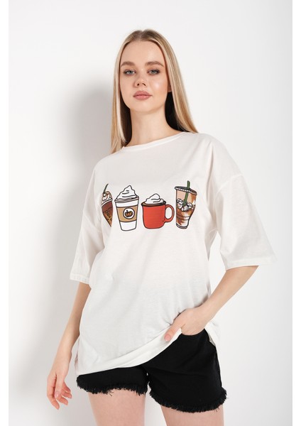 Kadın Coffee Baskılı Oversize T-Shirt