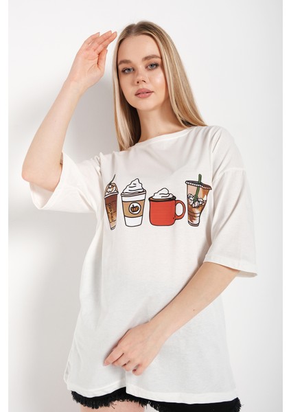 Kadın Coffee Baskılı Oversize T-Shirt