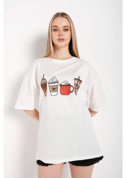 Kadın Coffee Baskılı Oversize T-Shirt