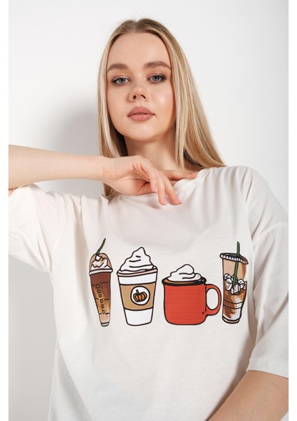 Kadın Coffee Baskılı Oversize T-Shirt