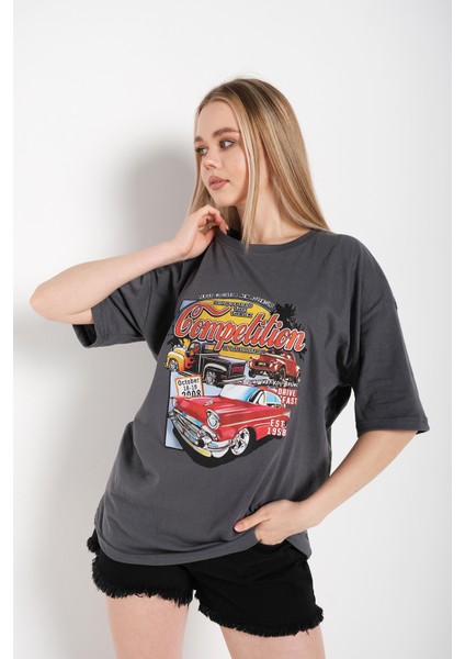 Kadın Compeltition Baskılı Oversize T-Shirt modelleri