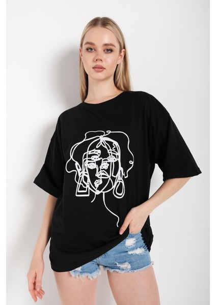 Kadın Çizgili Figür Oversize T-Shirt