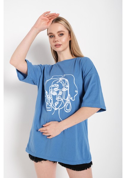 Kadın Çizgili Figür Oversize T-Shirt