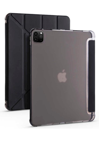 Case 4U Apple iPad Pro 12.9 2022 M2 Kalem Bölmeli Tri Folding Smart Standlı Pu Deri Arkası Yumuşak Silikon 360 Tam Koruma Siyah