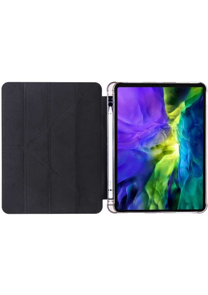 Case 4U Apple iPad Pro 12.9 2022 M2 Kalem Bölmeli Tri Folding Smart Standlı Pu Deri Arkası Yumuşak Silikon 360 Tam Koruma Siyah