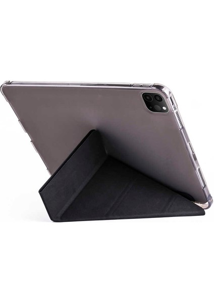 Case 4U Apple iPad Pro 12.9 2022 M2 Kalem Bölmeli Tri Folding Smart Standlı Pu Deri Arkası Yumuşak Silikon 360 Tam Koruma Siyah