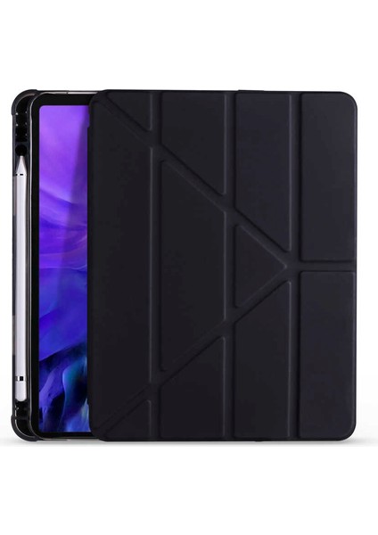 Case 4U Apple iPad Pro 12.9 2022 M2 Kalem Bölmeli Tri Folding Smart Standlı Pu Deri Arkası Yumuşak Silikon 360 Tam Koruma Siyah