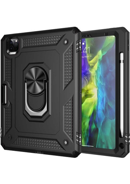 Case 4U Apple iPad Pro 11 2022 M2 Tablet Kılıf Mıknatıslı Yüzüklü Stand Olabilen Çift Katmanlı Sert Silikon Vega Arka Kapak Siyah