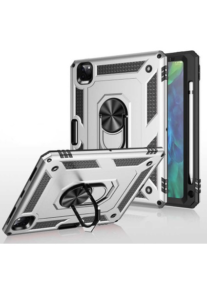 Case 4U Apple iPad Pro 11 2022 M2 Tablet Kılıf Mıknatıslı Yüzüklü Stand Olabilen Çift Katmanlı Sert Silikon Vega Arka Kapak Siyah