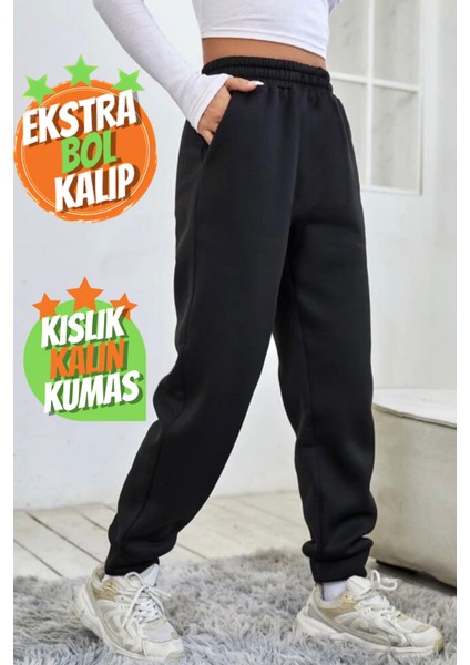Kışlık Kalın Oversize Eşofman Altı 3 Iplik Jogger Şardonlu