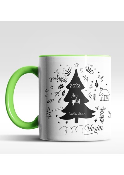 Kişiye Özel Yeni Yılın Kutlu Olsun Çam Ağacı Tasarımlı Yeşil Kupa fiyatları