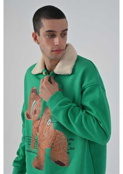 R-5679 Yaka Kürklü Ayı Baskılı 3 Ip Şardonlu Sweatshirt