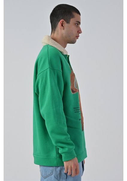 R-5679 Yaka Kürklü Ayı Baskılı 3 Ip Şardonlu Sweatshirt