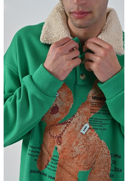 R-5679 Yaka Kürklü Ayı Baskılı 3 Ip Şardonlu Sweatshirt