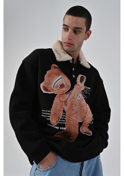 R-5679 Yaka Kürklü Ayı Baskılı 3 Ip Şardonlu Sweatshirt