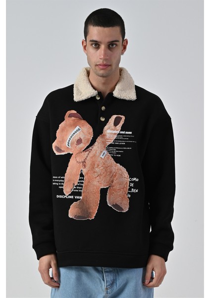 R-5679 Yaka Kürklü Ayı Baskılı 3 Ip Şardonlu Sweatshirt fiyatları